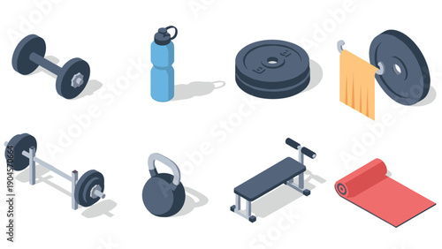 Isometric gym equipment set: dumbbell, kettlebell, barbell, and more