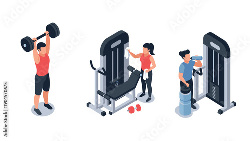 Isometric gym workout: weightlifting, machine exercise, and hydration
