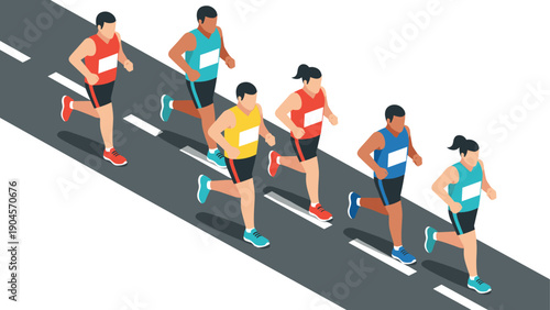 Runners racing on road in isometric style