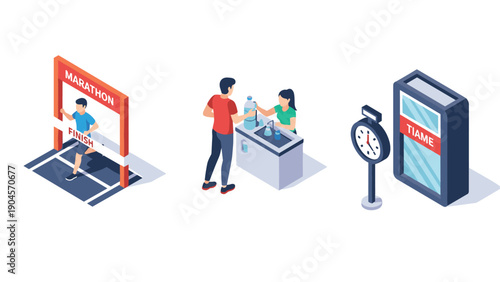 Isometric marathon scene with finish line, water station, and timing clock