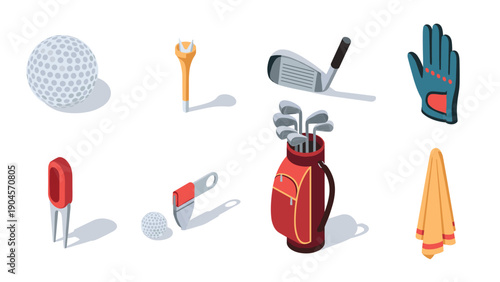 Isometric golf equipment collection with clubs and accessories on white background