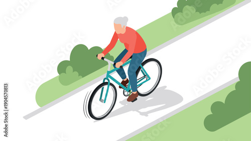 Elderly woman riding bicycle on park path in isometric style