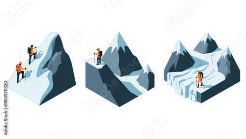 Isometric mountain hiking adventure: climbers exploring snowy peaks