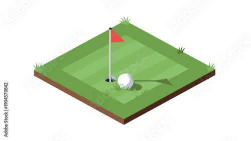 Isometric golf course design with hole, flag, and grass details for game concepts