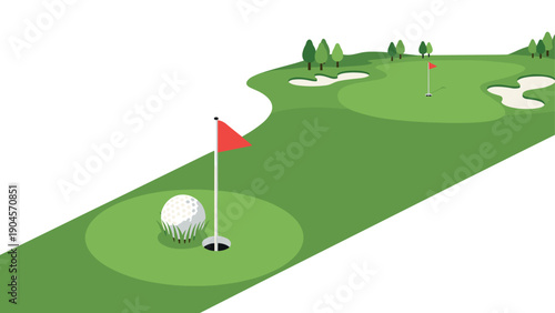 Isometric golf course with flag and ball on green field