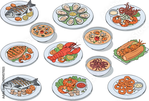 Collection of seafood dishes and culinary delights, showcasing a variety of ocean-inspired meals and gourmet preparations