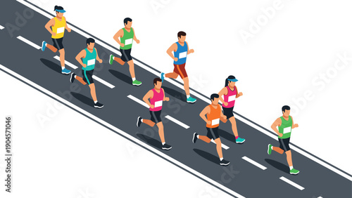 Isometric runners on road: colorful marathon participants in motion