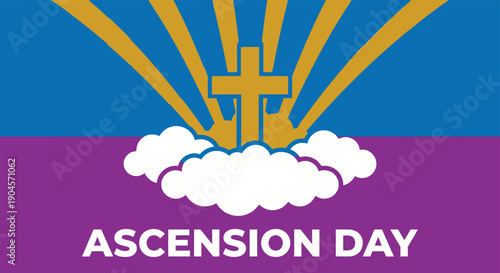 Christian religious holiday Ascension Day design with golden cross rising from white clouds into blue sky with light rays celebrating jesus christ resurrection faith.