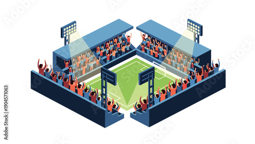Isometric soccer stadium with fans cheering under floodlights