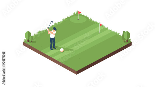 Isometric golf scene with golfer on green course with flag and trees