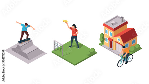 Isometric outdoor activities: skateboarding, frisbee, cycling, and home