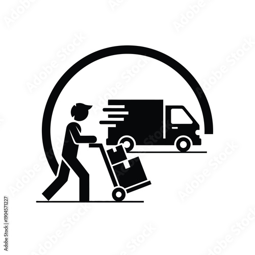 A delivery person pushing a dolly with packages next to a moving truck