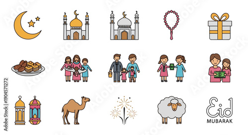Eid Mubarak Islamic Cartoon Icons Set.