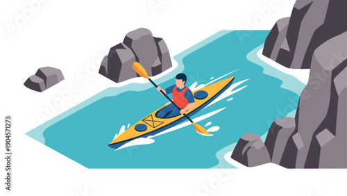 Kayaking adventure through rocky waters in a minimalist style