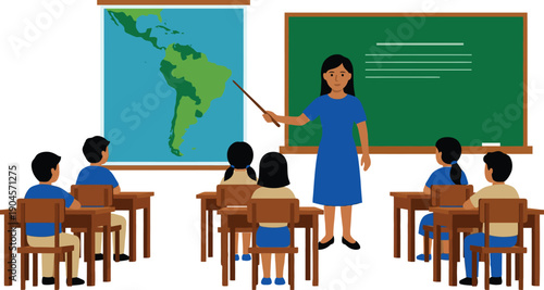 Female teacher standing near blackboard pointing at map of south america teaching geography to students sitting at desks in classroom lesson education school concept.