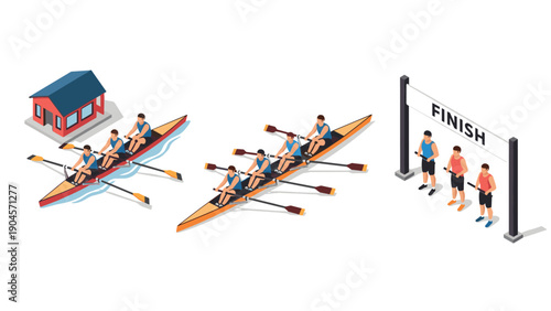 Rowers competing in isometric water race with finish line sign