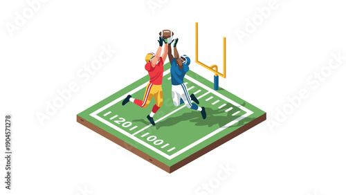 Isometric football action: players competing in end zone play