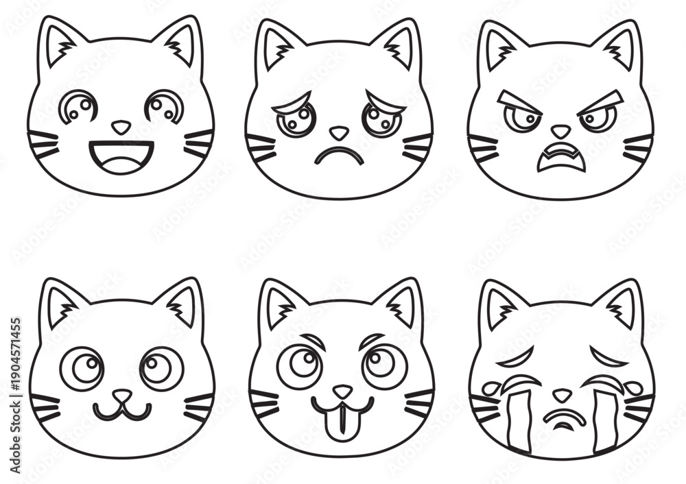 Fototapeta premium Cartoon Cat Faces with Emotions Silhouette