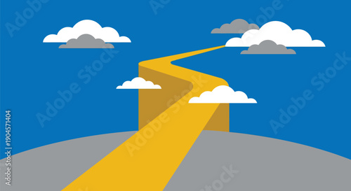 Yellow winding road leading to success through clouds in blue sky representing career growth and future opportunities for business ambition and achievement goals.