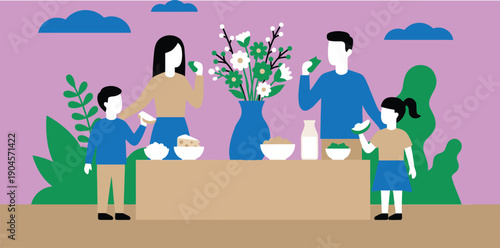 Happy asian family parents and children eating traditional food at table celebrating lunar new year holiday together with spring flowers decoration and tasty meal.