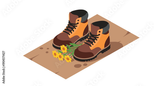 Isometric hiking boots with flowers on cardboard