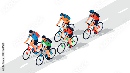 Isometric cyclists racing on road: team sport in action