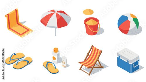 Colorful isometric summer beach essentials: umbrella, sand toys, beach ball, and more