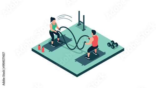 Isometric gym workout scene: fitness training with battle ropes