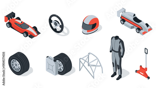 Isometric formula racing collection with cars, gear, and equipment elements