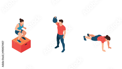 Isometric fitness routine: box jump, kettlebell exercise, push-up