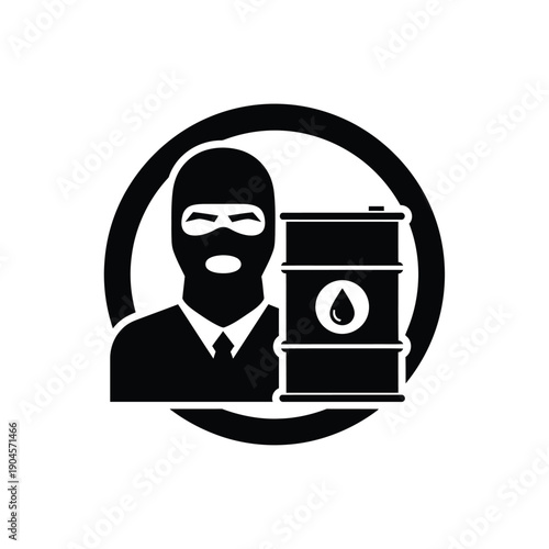 A black and white illustration of a masked man in a suit next to an oil barrel in a circle