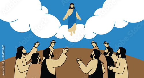 Biblical scene of Jesus Christ ascending into heaven clouds as disciples watch from below in worship celebrating the holy ascension day miracle and christian faith.