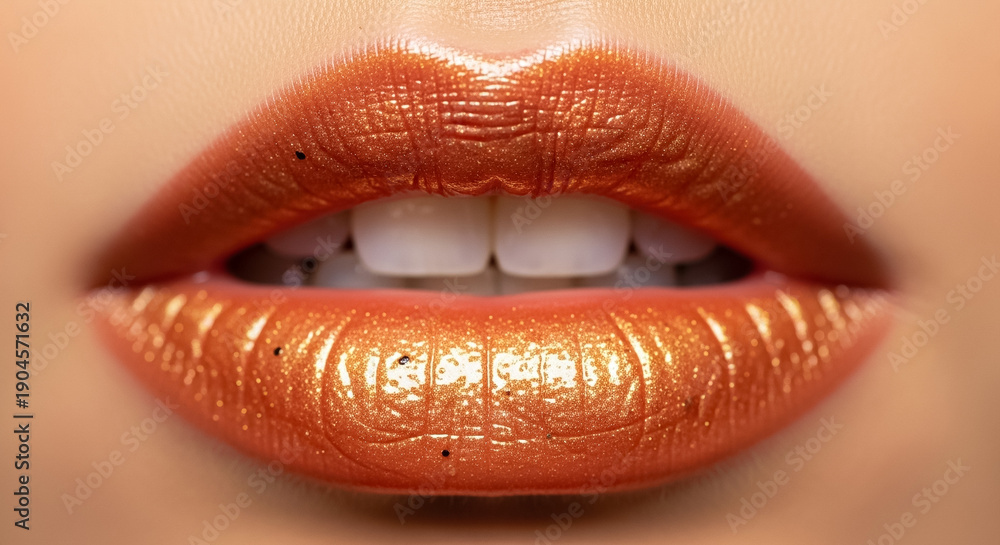 Fototapeta premium Glamorous Shimmering Orange Lips with Metallic Lipstick Close-up