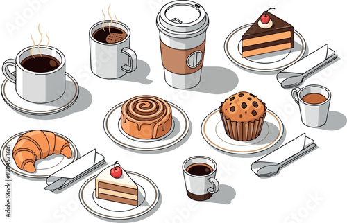 Collection of assorted baked goods and beverages including coffee and pastries arranged for a delightful cafe experience