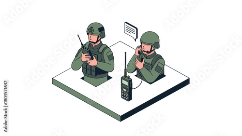 Isometric military communication: soldiers using radios in tactical operation