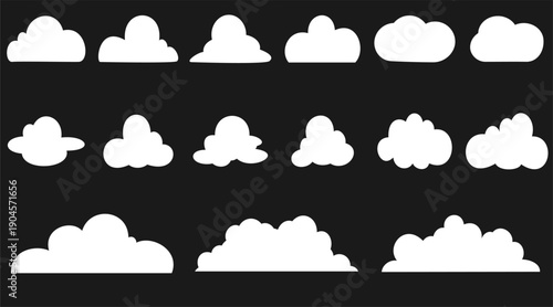 various images of imaginary cloud icons isolated flat on black background, vector