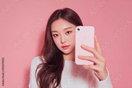 Young woman taking selfie with smartphone on pink background