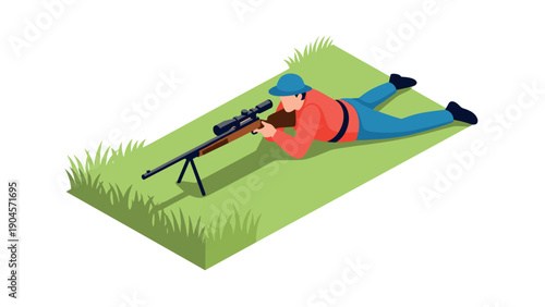 Isometric sniper illustration: marksman in grassy field with rifle