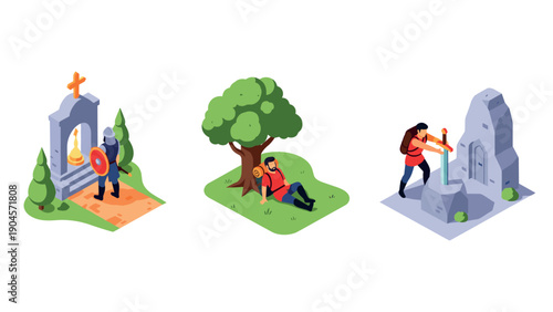 Isometric warrior quest: exploring mystical monuments and enchanted gardens