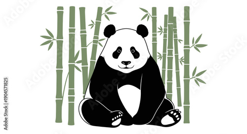 Panda Bear Sitting Among Bamboo Stems.