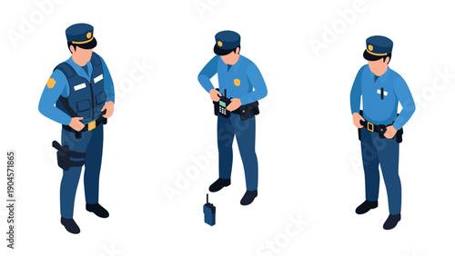 Isometric police officers in various uniforms and poses on white background