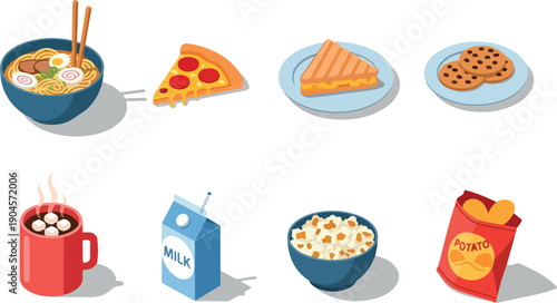 A collection of delicious food and drinks illustrations, including ramen, pizza, sandwiches, cookies, hot chocolate, milk, popcorn, and potato chips