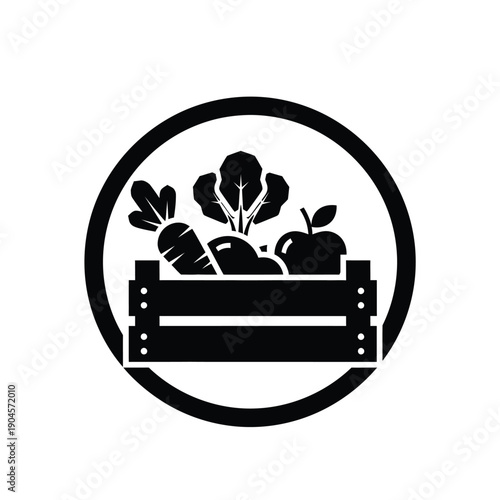 Black silhouette of a wooden crate filled with various fruits and vegetables in a circular frame