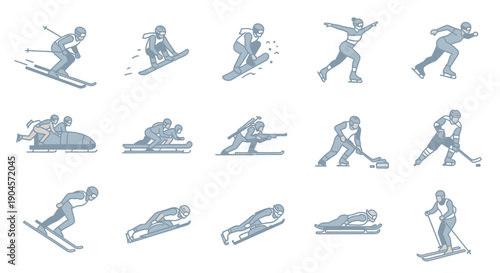 Skiing Silhouettes in Various Poses.