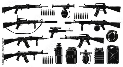 Collection of various firearms and military equipment in black silhouette against a white background.