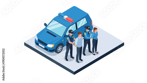 Isometric arrest scene with police officers detaining suspect near patrol car