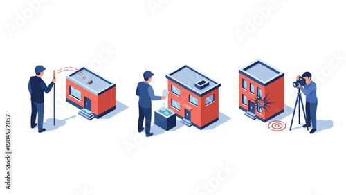 Isometric technology concepts: surveying, satellite installation, drone operation, building inspection