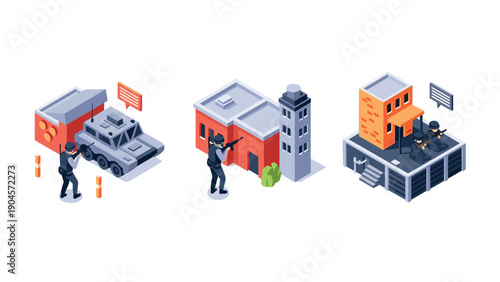 Isometric shooter game scene with military vehicles and buildings