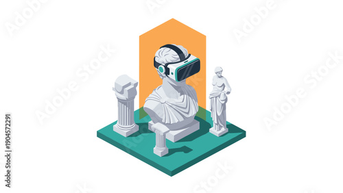 Isometric ancient busts with virtual reality headset on geometric base
