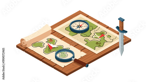 Isometric adventure toolkit with compass, map, and sword for exploration themes